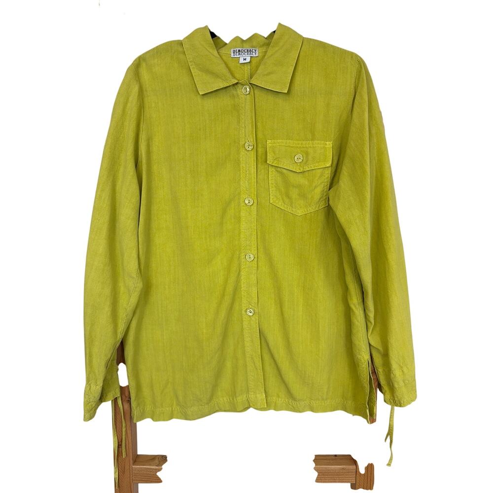 Democracy Green Lyocell Long Sleeve Tie Cuff Button Up Shirt Medium